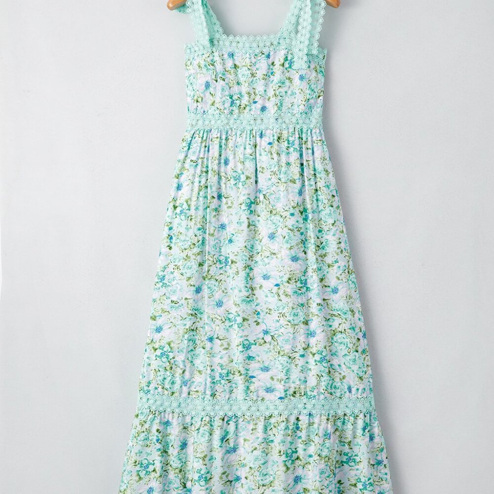 B282 Green Floral Lace Tied Strap Empire Waist Maxi Dress - Picture 6 of 13